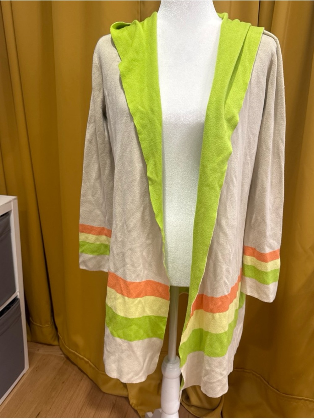 Ost Beige Hooded Open-Front Cardigan with Lime Green & Coral Accents